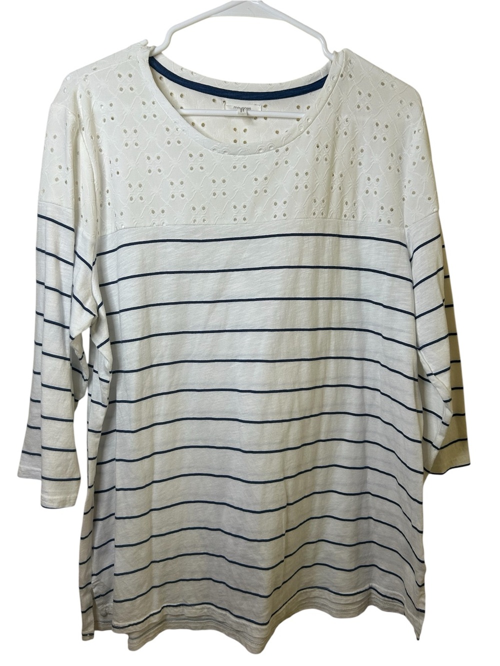 Maurices White Blue Striped Eyelet Yoke half Sleeve Women's Top Xl Casual Summer